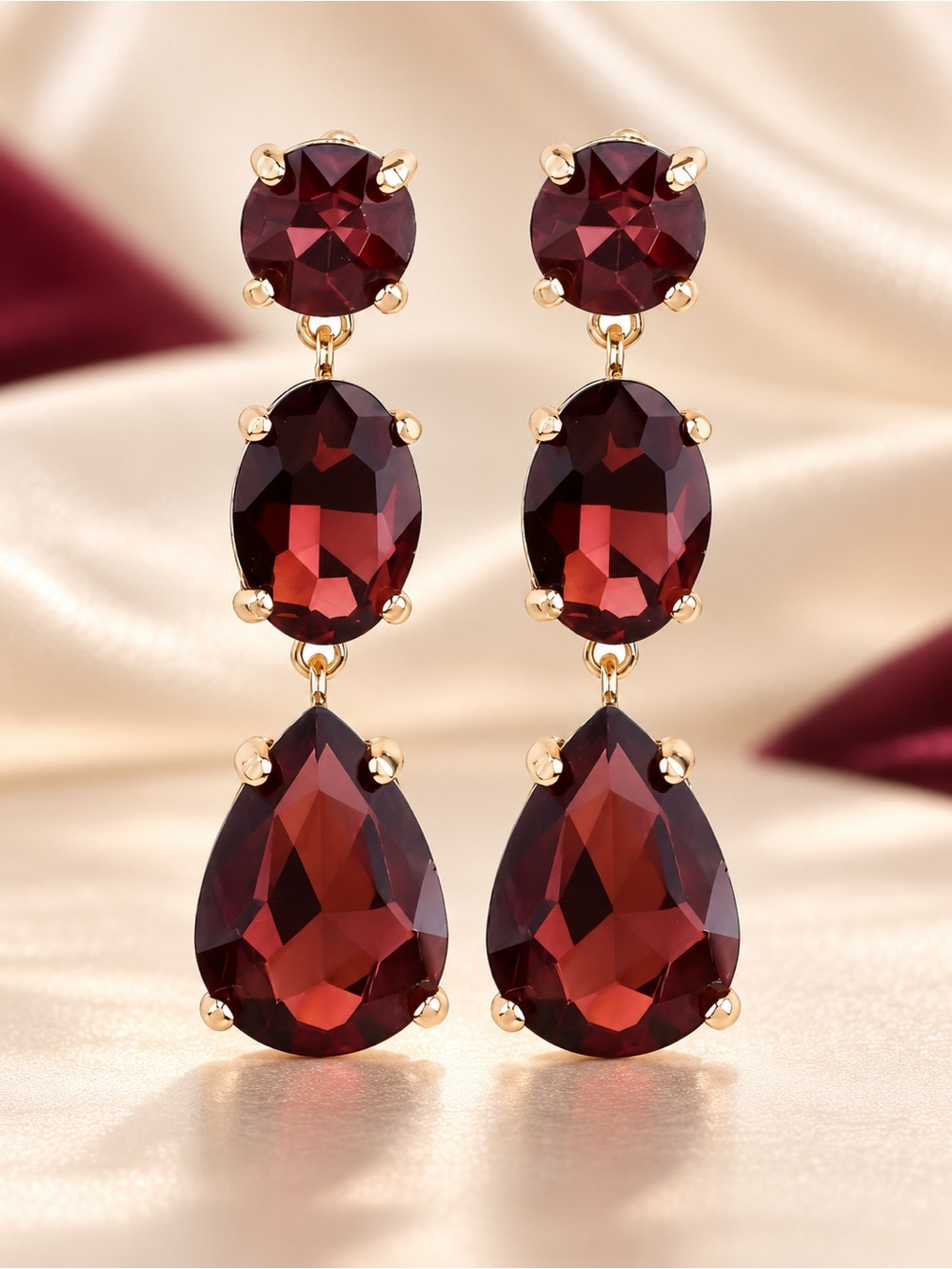 Red Crystal Teardrop Dangle Earrings Gold Tone